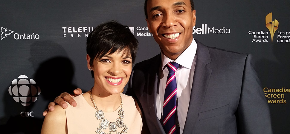 Anne-Marie Mediwake and Dwight Drummond, hosts of CBC News Toronto at the 2015 Canadian Screen Awards