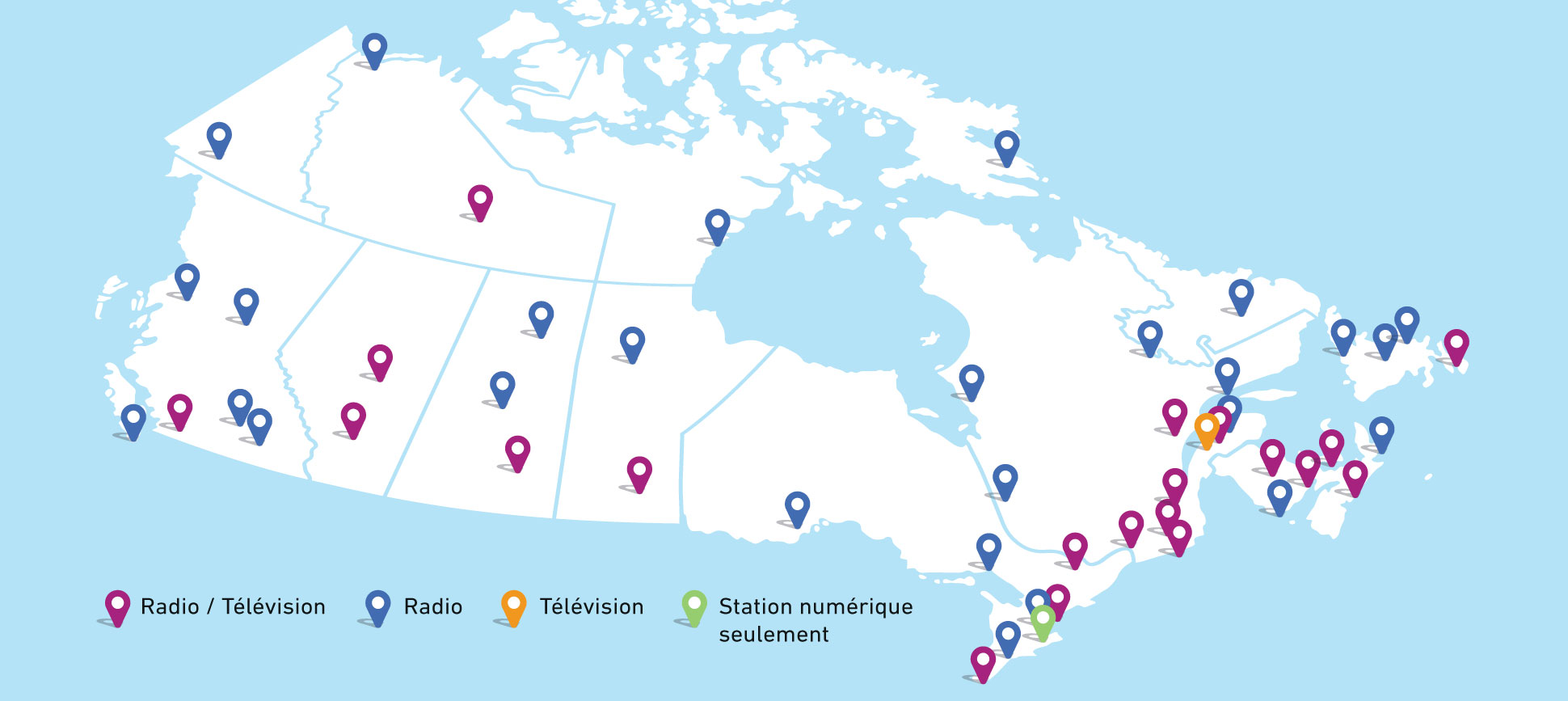 Carte du Canada illustrant l'emplacement des stations de CBC/Radio-Canada.
